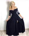 Fancy Black Half Sleeves lace Long Party Formal Prom Dresses for Girls with Slit