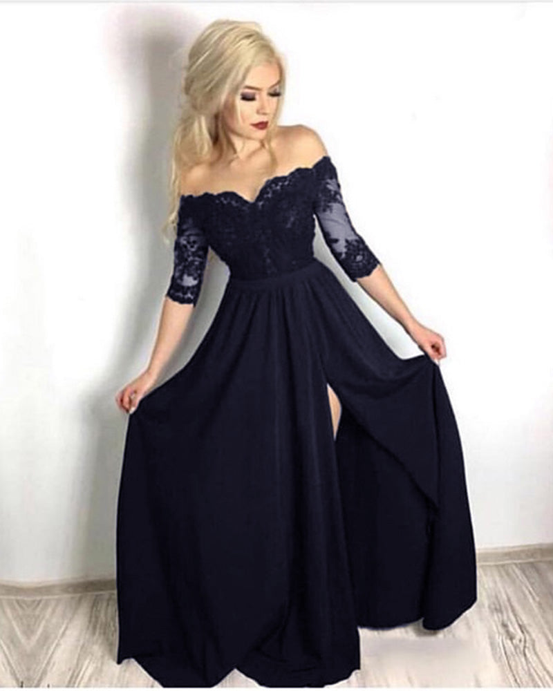 Fancy Black Half Sleeves lace Long Party Formal Prom Dresses for Girls with Slit