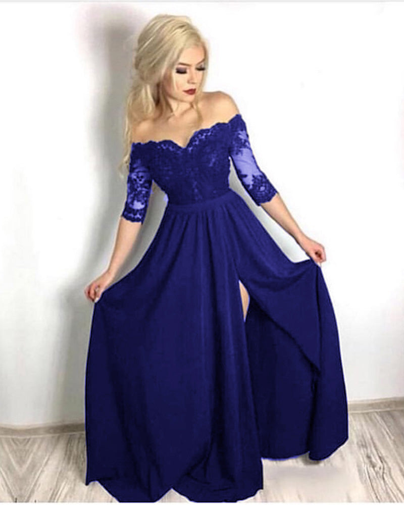 Fancy Black Half Sleeves lace Long Party Formal Prom Dresses for Girls with Slit