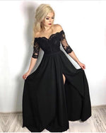 Fancy Black Half Sleeves lace Long Party Formal Prom Dresses for Girls with Slit