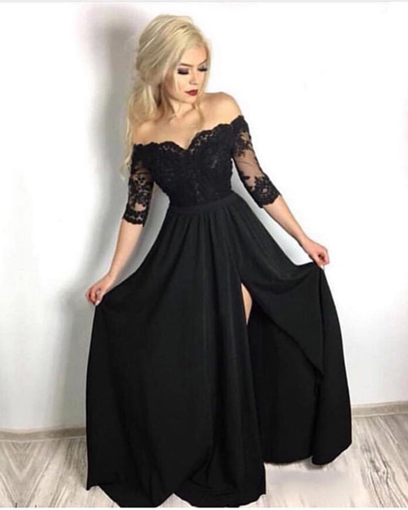 Fancy Black Half Sleeves lace Long Party Formal Prom Dresses for Girls with Slit