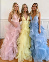 PL5748 Plunge V Neck Dot Tulle girls Prom Dresses Long formal Graduation Gown