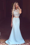 Dreamy Blue Prom dress Crop Top Lace Girls Party Graduation Gown Evening Formal Wear MO310