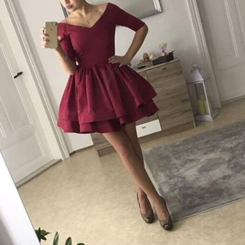 Burgundy Short Cocktail Dress Long Sleeved Party Short Graduation 8th Grade Prom Dress