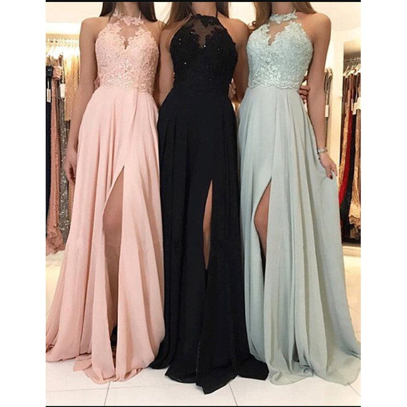 Chic Halter Lace Appliques Long Prom Dress with Slits Formal Party Evening Dresses Special Occasion Gown
