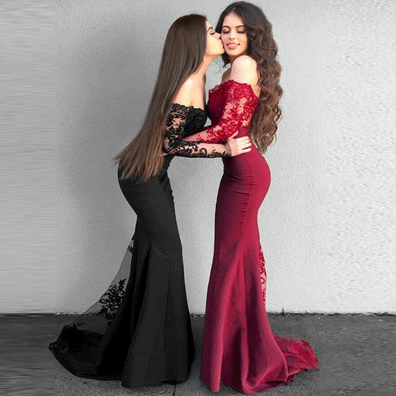 Burgundy /Black Off Shoulder Long Sleeves Mermaid Bridesmaid Dresses L Siaoryne Burgundy /Black Off Shoulder Long Sleeves Mermaid Bridesmaid Dresses L Siaoryne