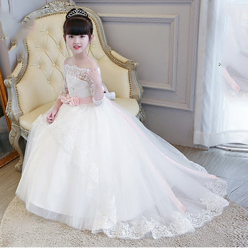 LP2695 Off the Shoulder Lace Flower Girl Dress Long Sleeves Little Girl Wedding Gown first communion dress