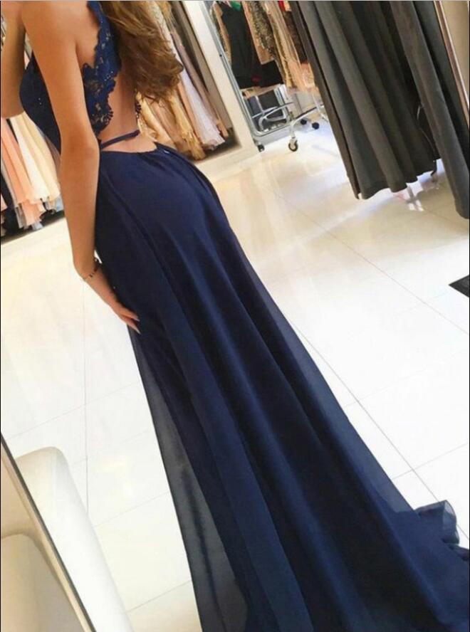 Navy Prom dress Long Lace Appliqued Halter Sexy Open Back A Line Party Formal Evening Long Dress
