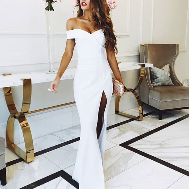 Sexy White Prom Dress Satin Fitted Gown Split Long Party Gown 2018 Evening gown vestidos de graduacion