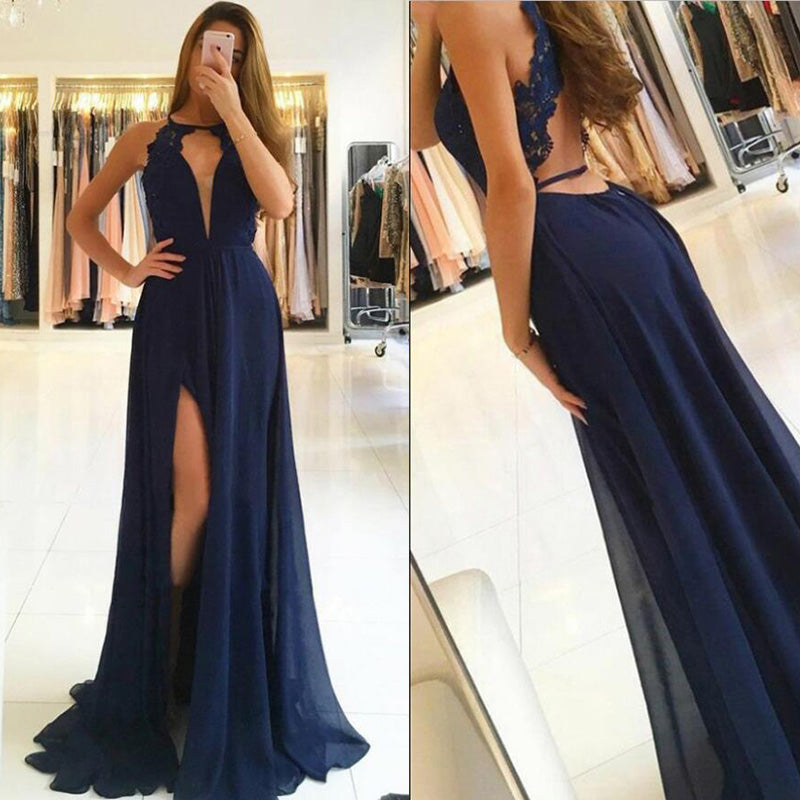 Navy Prom dress Long Lace Appliqued Halter Sexy Open Back A Line Party Formal Evening Long Dress