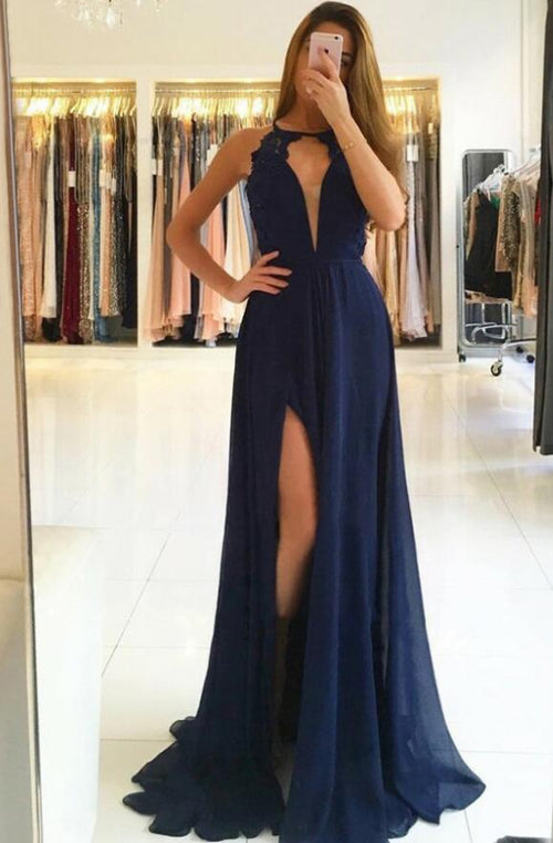 Navy Prom dress Long Lace Appliqued Halter Sexy Open Back A Line Party Formal Evening Long Dress