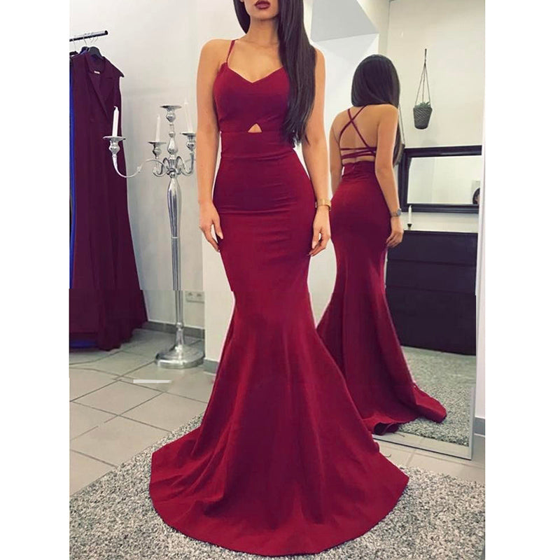 Sexy Burgundy Vestido de Festa Jersey Fitted Women Party Evening Gown Long Prom Dress with Straps