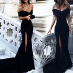 Elegant Black 2022 Prom Dress Off Shoulder Fit Long Party Dress with Slit Leg Vestido De Festa