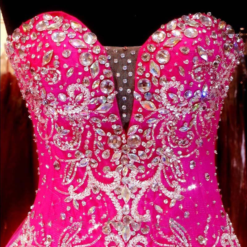 Sparkle Beaded Fuchsia Pink Ball Gown Prom Dresses Debutante Gown Sweet 16 Quinceanera