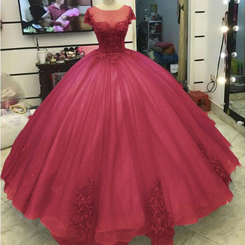 Shinning LacePrincess Burgundy Ball Gown Wedding Dress Short Sleeves Cotillion Formal Prom Dresses