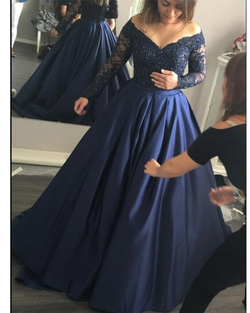 Vintage Off Shoulder V Neck Colorful Navy Blue Satin Ball Gown Lace Beaded Wedding Dress Women Long Sleeves Prom Gown Vestido WD01125