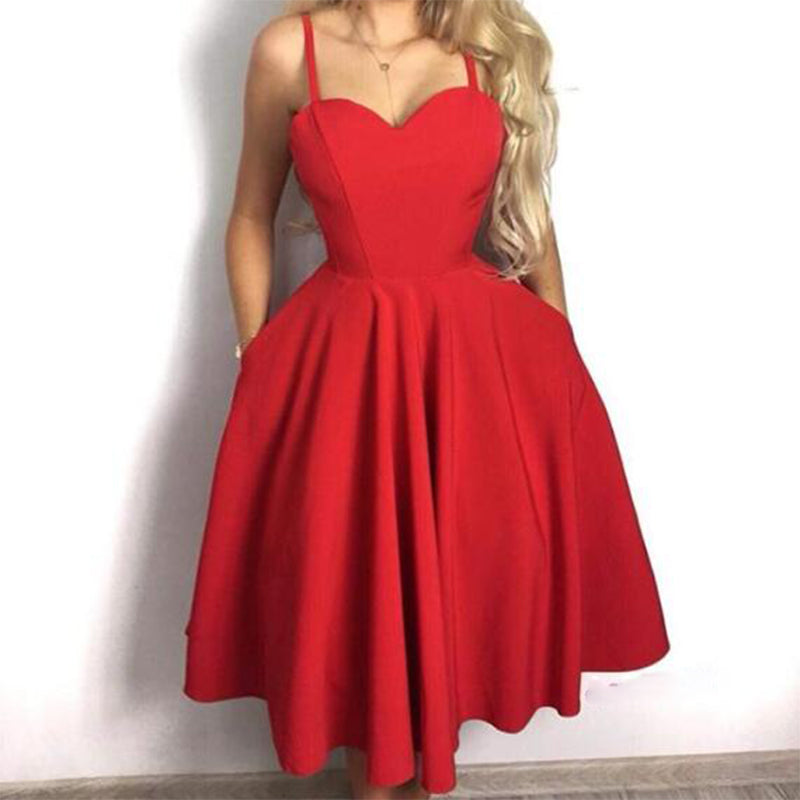 Red Spaghetti Straps Satin A Line Short Junior Prom Dress 8th Grade Cocktail Party Dress