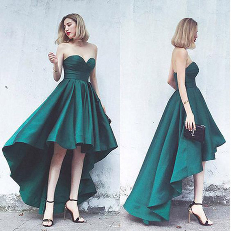 Elegant Green Satin A Line High Low Prom Dress Sweetheart Formal Senior Girls Graduation Dress