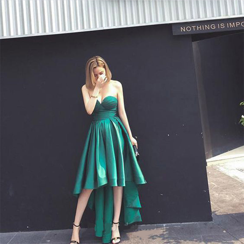 Elegant Green Satin A Line High Low Prom Dress Sweetheart Formal Senior Girls Graduation Dress