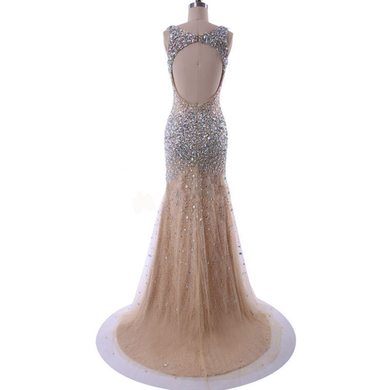 Sparkle Champagne Heavy Beaded Rhinestone Mermaid Prom Dress Girls Pageant Evening Gown
