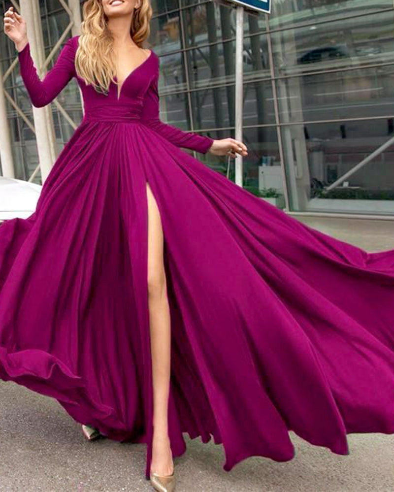 Long Sleeves Fuchsia Pink Evening Dresses Women Party Gown wilt Long Sleeves PL547