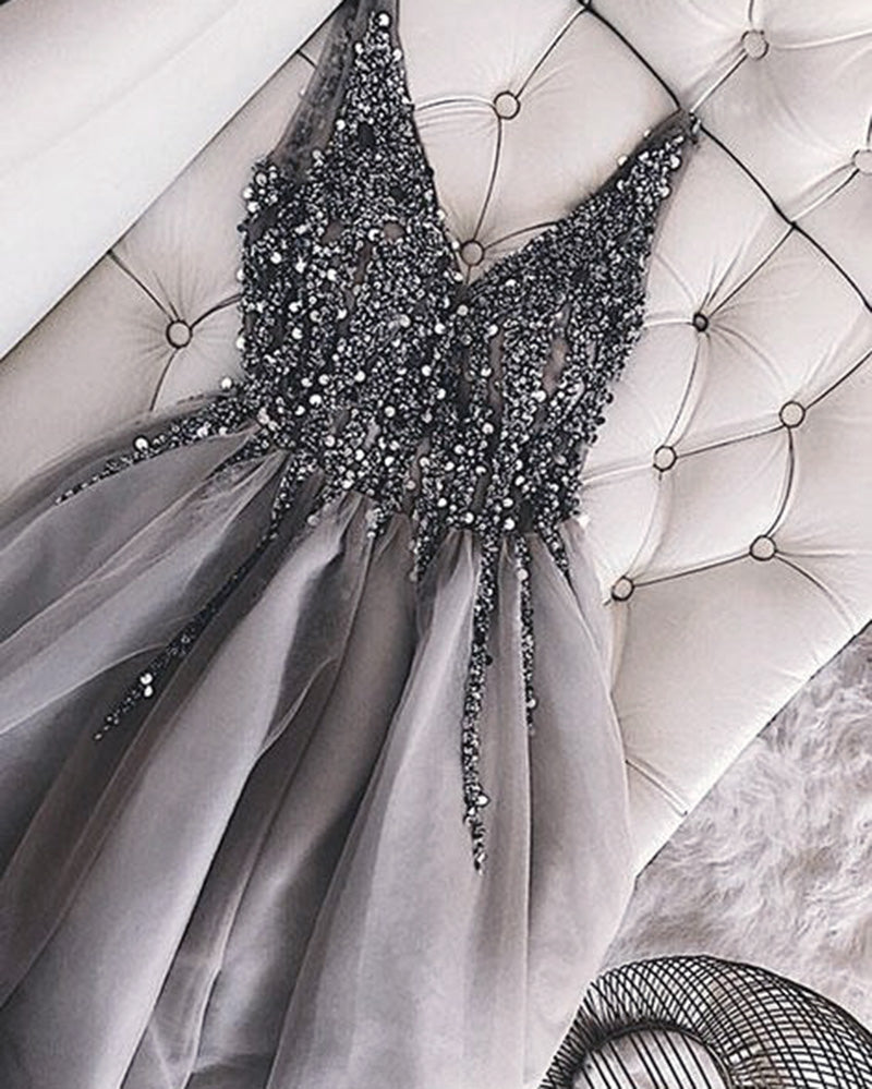 Beading and Sequins Grey/Champagne  Short Cocktail Dresses for Girls