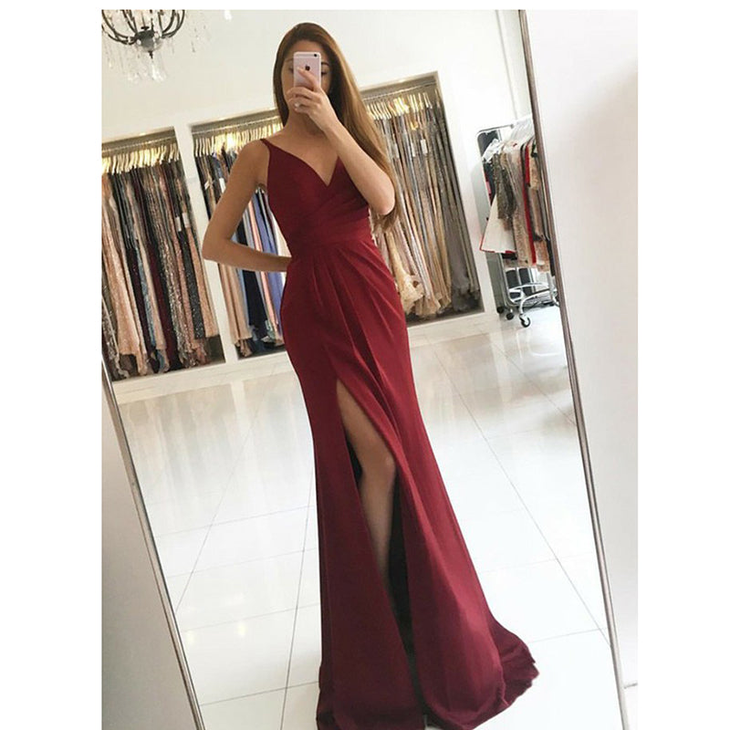 Elegant Dark Red Spaghetti Straps V Neck Long Evening Dress Long Prom Gown with Slit LP