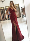 Elegant Dark Red Spaghetti Straps V Neck Long Evening Dress Long Prom Gown with Slit LP