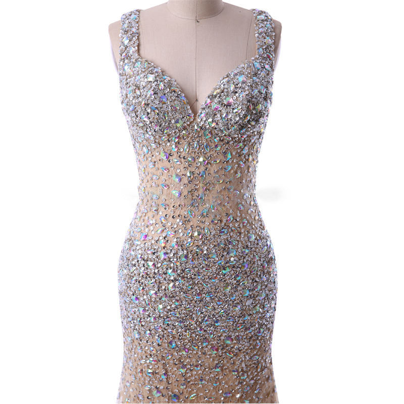 Sparkle Champagne Heavy Beaded Rhinestone Mermaid Prom Dress Girls Pageant Evening Gown