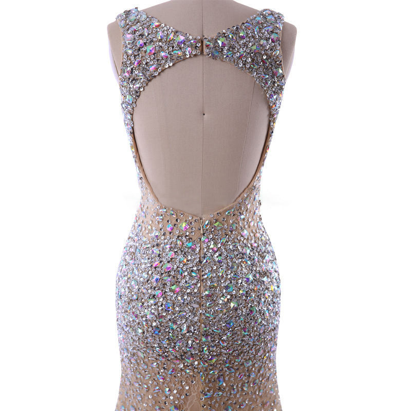 Sparkle Champagne Heavy Beaded Rhinestone Mermaid Prom Dress Girls Pageant Evening Gown