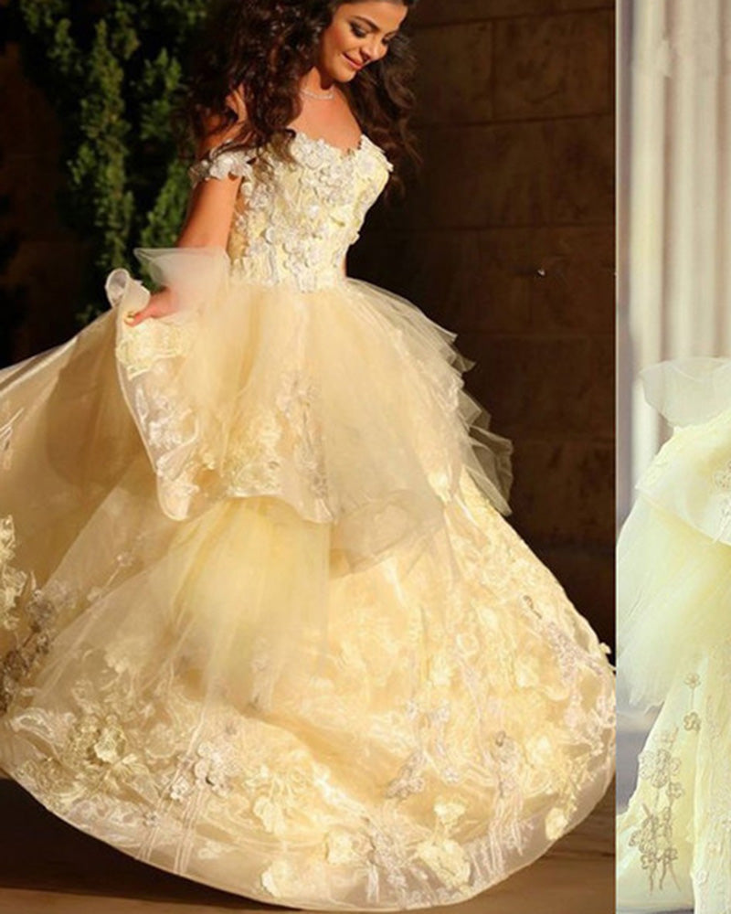 Yellow Ball Gown Princess Debutante Gown Quinceanera Dresses with Lace PL362
