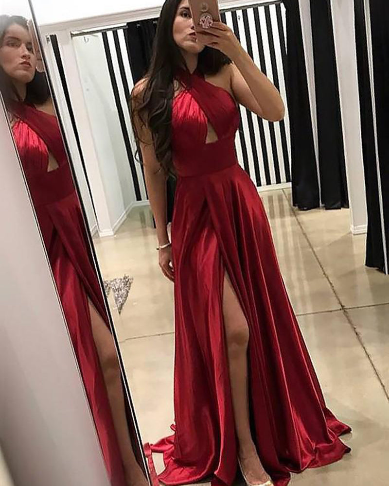 Burgundy Red Halter Cross Long Party Gown Prom Dresses with High Slit PL104