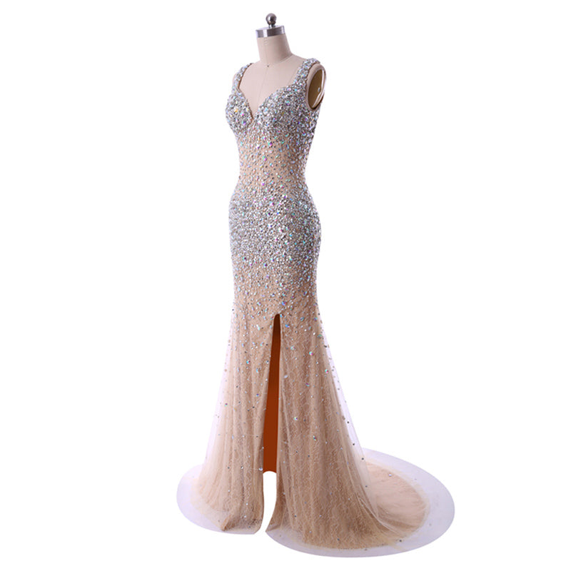 Sparkle Champagne Heavy Beaded Rhinestone Mermaid Prom Dress Girls Pageant Evening Gown