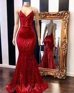 Red Halter Sequins Sparkle Evening Gowns Sexy Mermaid Dresses Long PL801