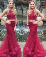 Girls Formal Graduation Burgundy 2 Pieces Lace Prom Dresses Mermaid Style PL1131