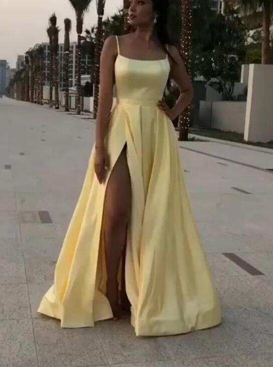 Spaghetti Straps Sexy Slit Formal Wedding Party Gown A Line Satin Yellow Prom Long Dress PL08092