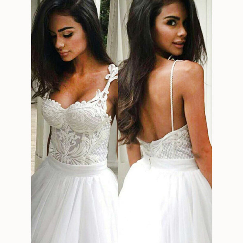 Sexy Backless Spaghetti Straps Ball Gown Wedding dresses White Bridal Gown 2018