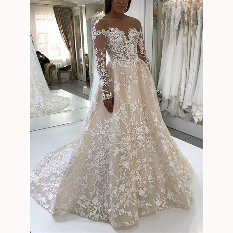 Vestido de novia vintage de encaje color champán/marfil, vestidos de novia de manga larga 2020 abiti da sposa 