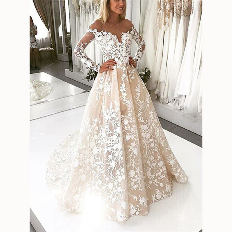 Champagne /Ivory Lace Vintage Wedding Gown Long Sleeve Bridal Dresses Siaoryne Champagne /Ivory Lace Vintage Wedding Gown Long Sleeve Bridal Dresses Siaoryne