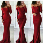 Amazing New Sweetheart Off the Shoulder Sexy Fitted Prom Dress Red Long Sleeved Evening Party Gown LP0541
