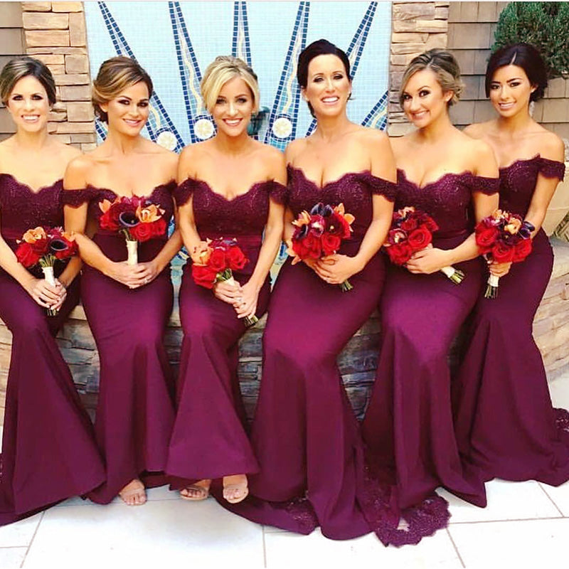 Burgundy Off the Shoulder Women Bridesmaid  Dress Long Off the Shoulder Lace Mermaid Party Gown