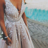 Dreamy Champagne Gold Lace V Neck Tulle Long Girls Senior Graduate Prom Dress 2020
