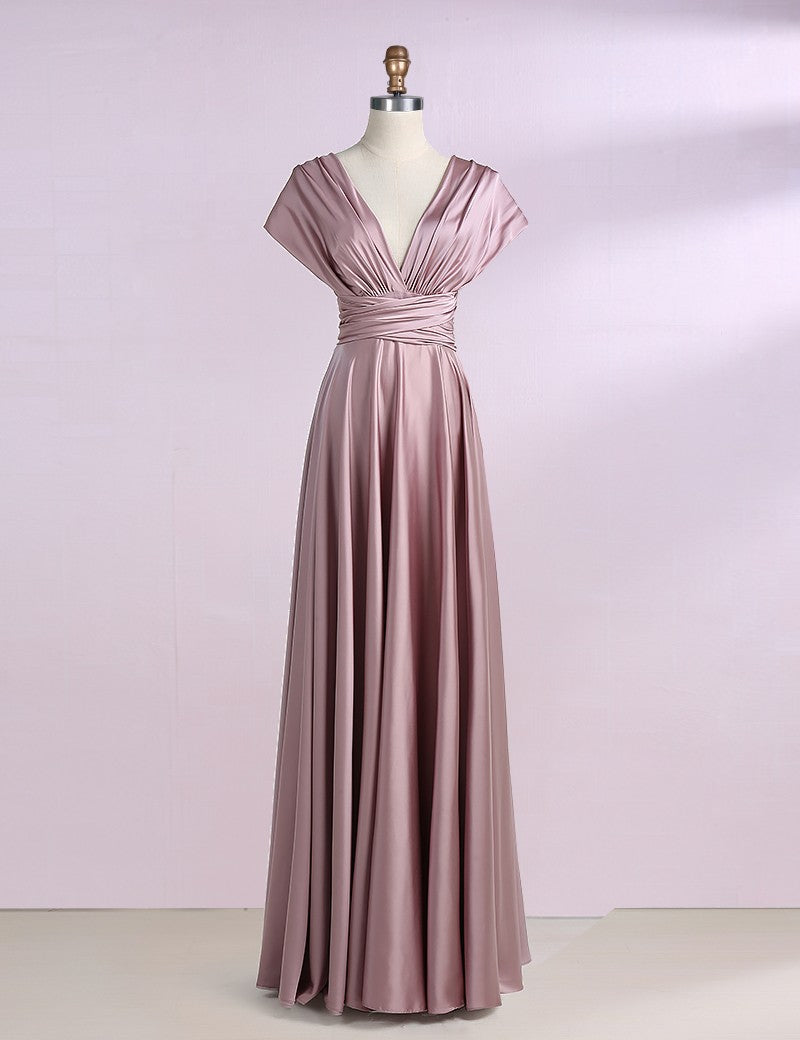 Elegant Pink Satin A-Line Long Evening Dress Bridesmaid Dress