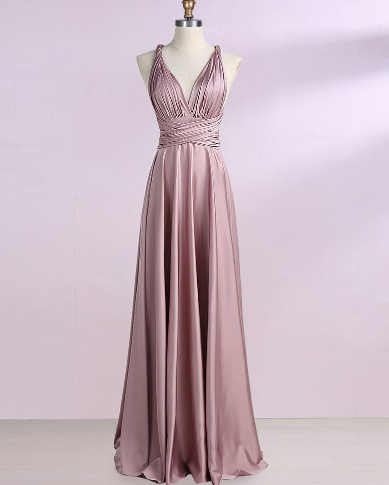 Unique Satin A Line Dust Pink Convertible Bridesmaid Dress Long PL0712