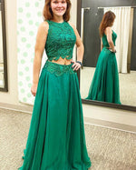 Emeral Green Crop Top Lace Long  2 Pieces Prom Dress,Long Lace Evening Outfits PL08012