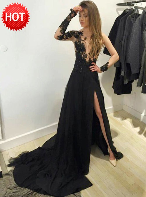 LP3380 Long Sleeves See through Black Lace Evening Dresses 2022 Sexy Slit Formal Prom Gown