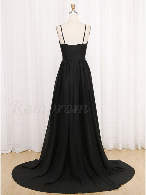 Elegant Black Long Party Prom Dresses V Neck with Straps ,Split Formal Gown PL102162