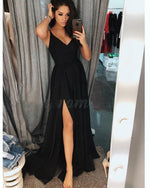 Elegant Black Long Party Prom Dresses V Neck with Straps ,Split Formal Gown PL102162