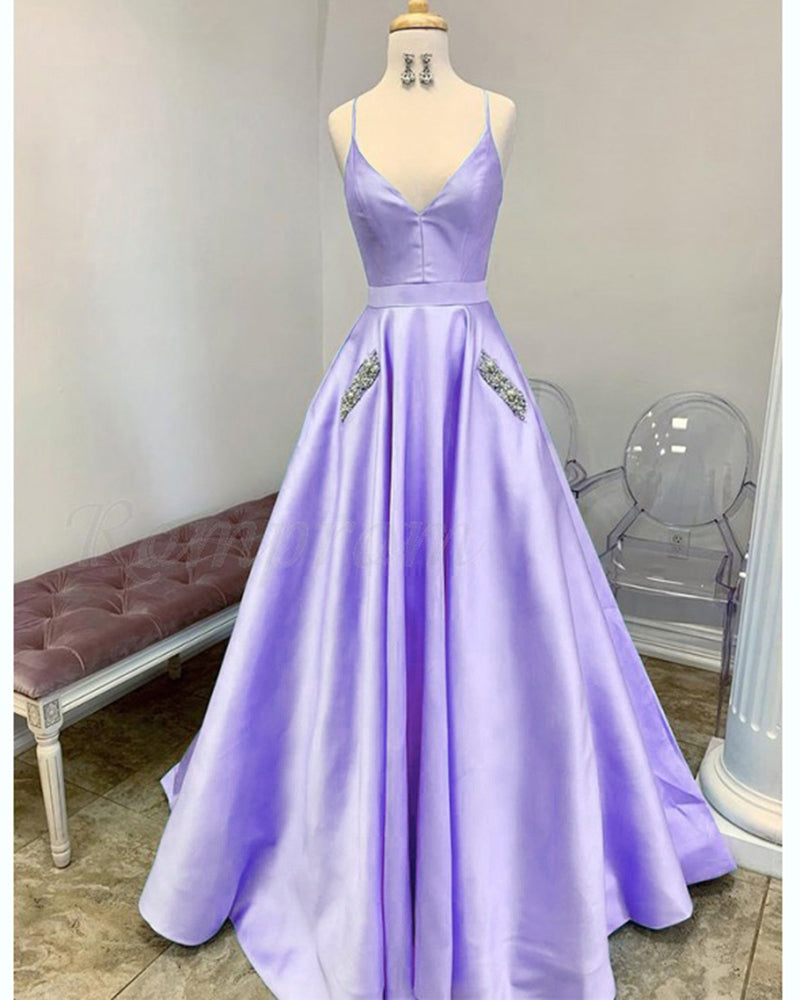 Beautiful Pocketed Lilac Cross Back Spaghetti Straps Long Senior Prom Dresses Girls Satin Graduation Gown Blue PL102071
