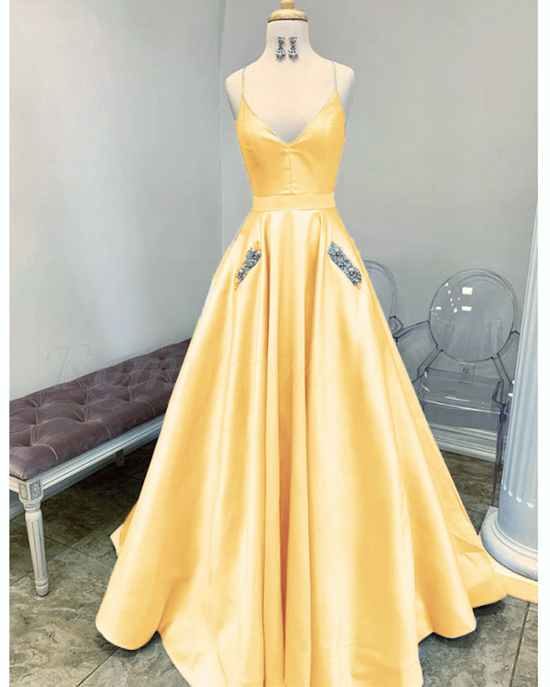 Beautiful Pocketed Lilac Cross Back Spaghetti Straps Long Senior Prom Dresses Girls Satin Graduation Gown Blue PL102071